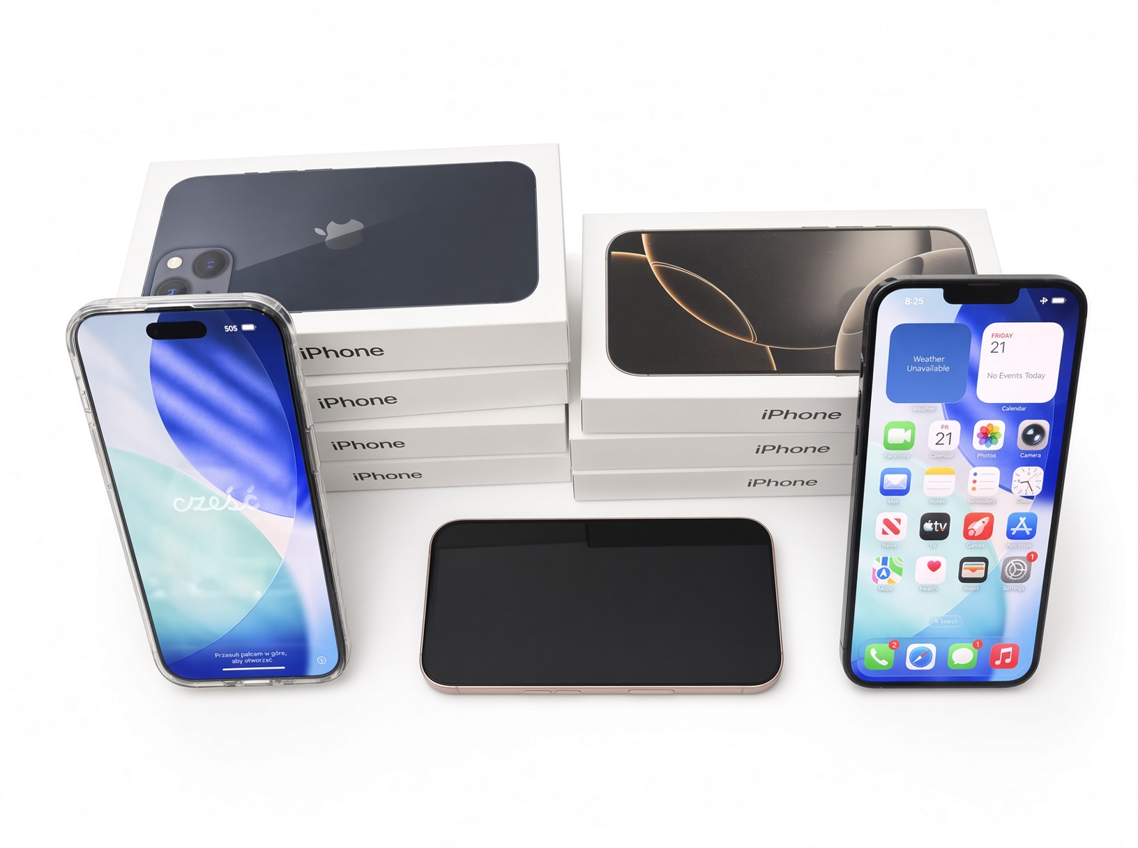 A stack of boxed iPhones beside three unboxed handsets, the kind of batch we buy for cash in San Diego.
