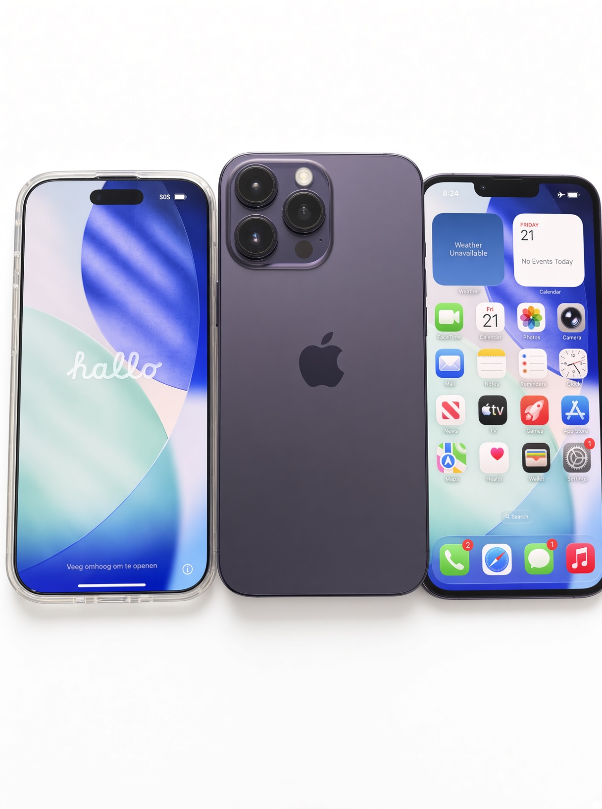 Deep purple iPhone 14 Pro shown back and front beside another iPhone, a model we pay cash for in San Diego.